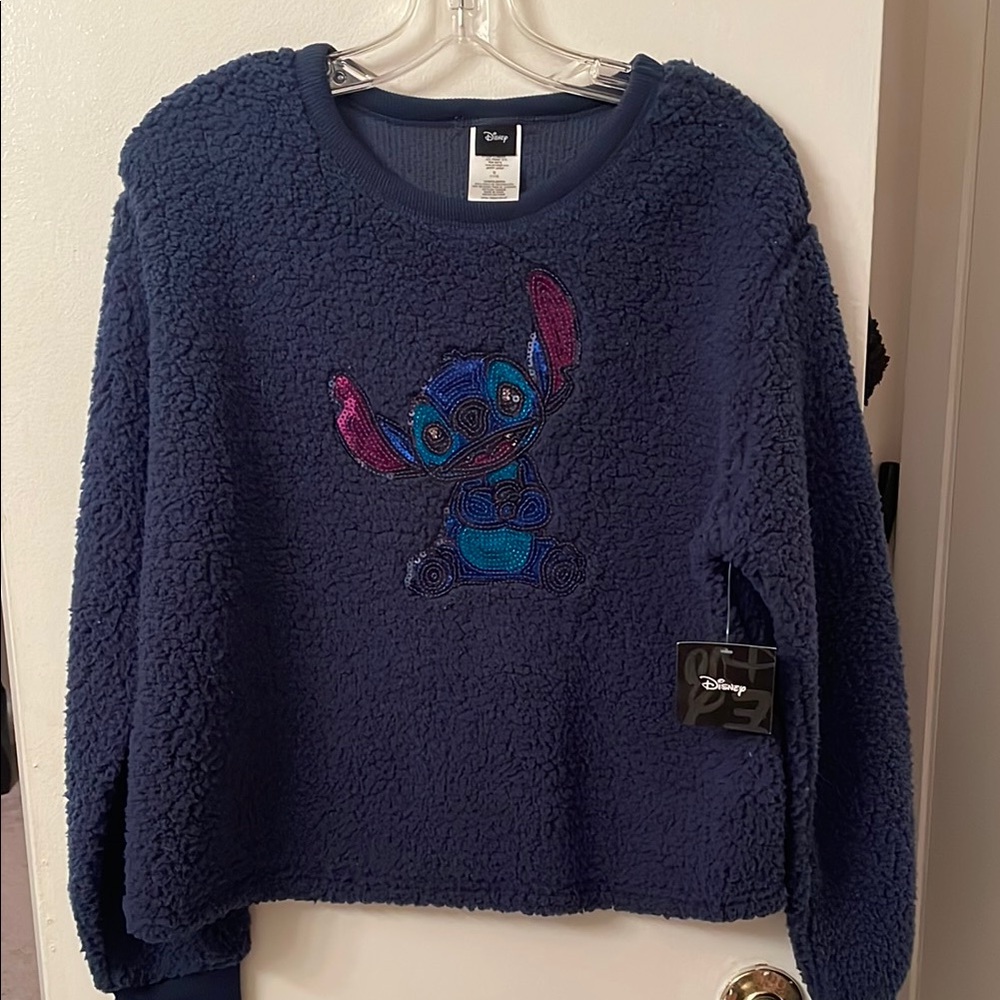🟪 Disney Blue Sherpa Stitch Sweatshirt (size L 14-16) NWT